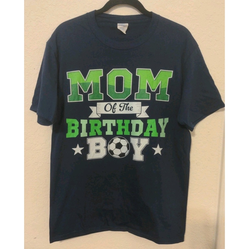 Mom of the Birthday Boy Port & Company Blue & Green T-shirt. Size M